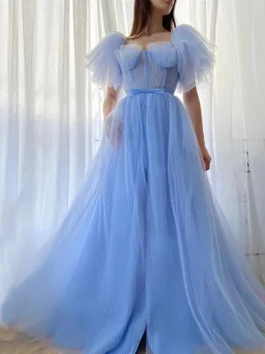 Blue A-line Short Sleeves Cheap Long Prom Dresses, Evening Party Dresses,12699