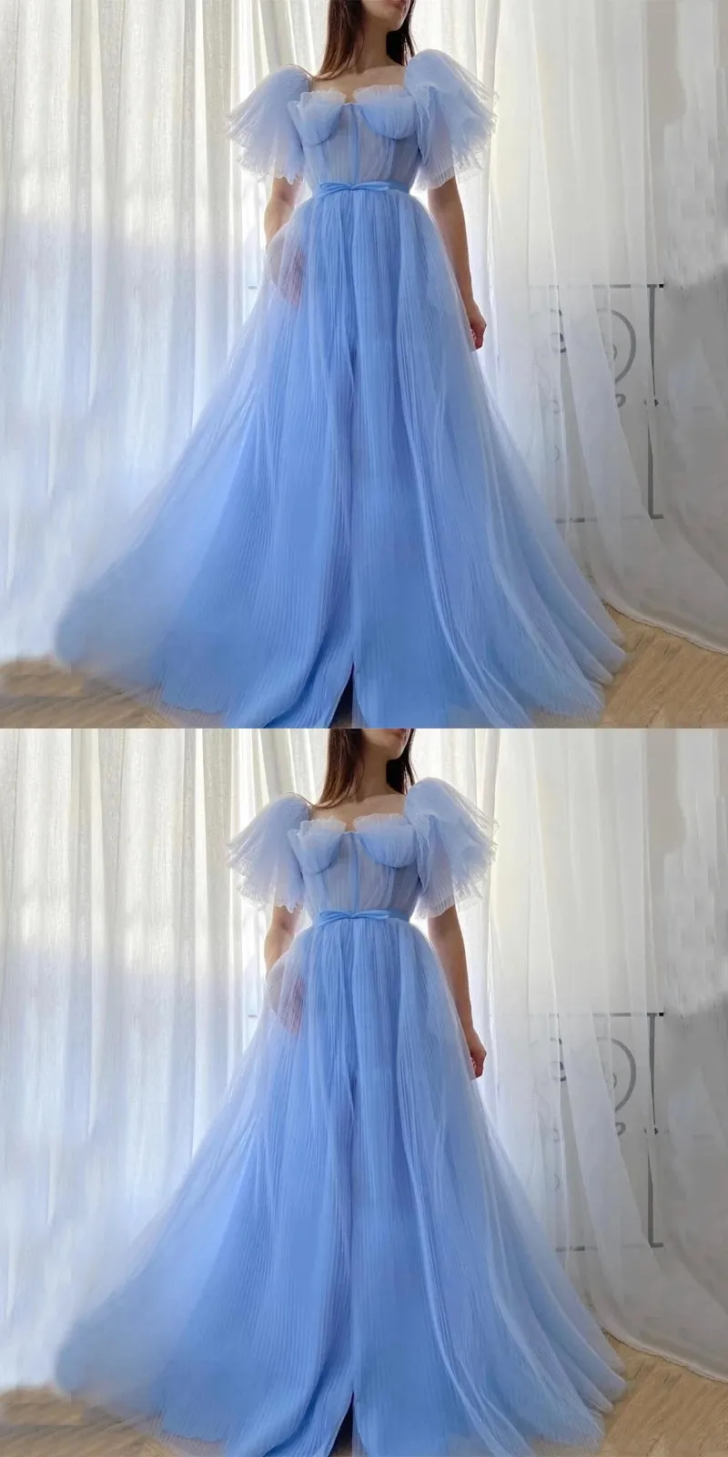 Blue A-line Short Sleeves Cheap Long Prom Dresses, Evening Party Dresses,12699