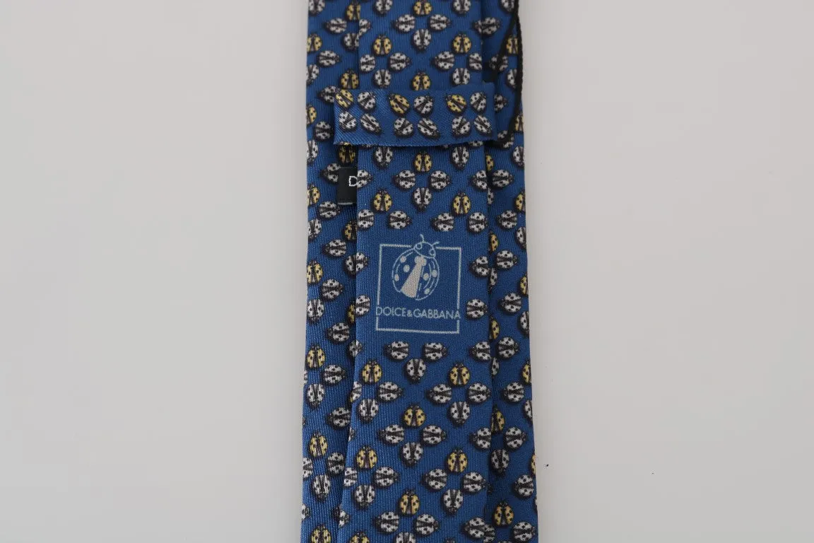 Blue Silk Gray Ladybug Print Tie