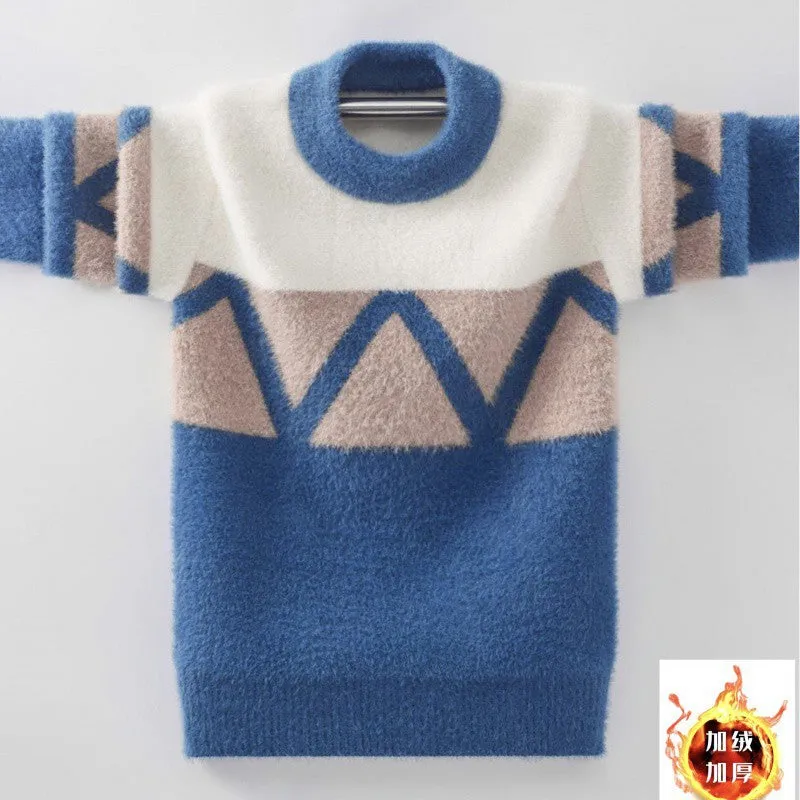 Boys sweater fleece thickened autumn and winter sweater medium and older children pullover round neck Korean version knitted sweater boys top