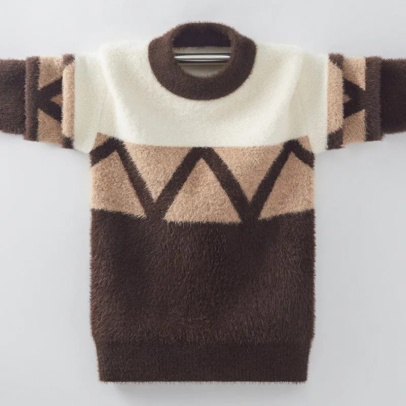Boys sweater fleece thickened autumn and winter sweater medium and older children pullover round neck Korean version knitted sweater boys top