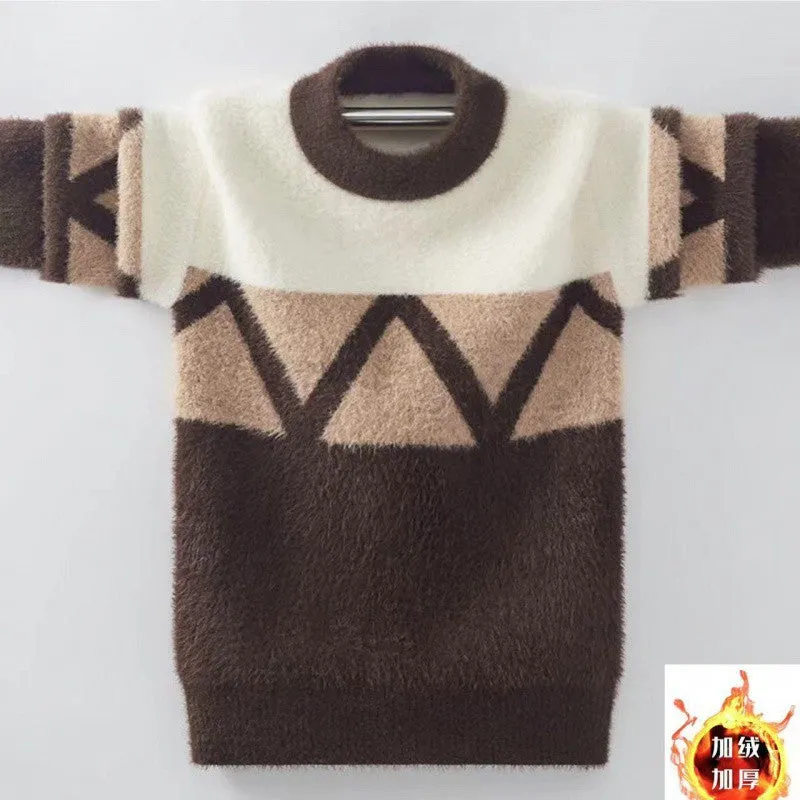 Boys sweater fleece thickened autumn and winter sweater medium and older children pullover round neck Korean version knitted sweater boys top