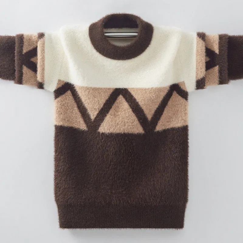 Boys sweater fleece thickened autumn and winter sweater medium and older children pullover round neck Korean version knitted sweater boys top