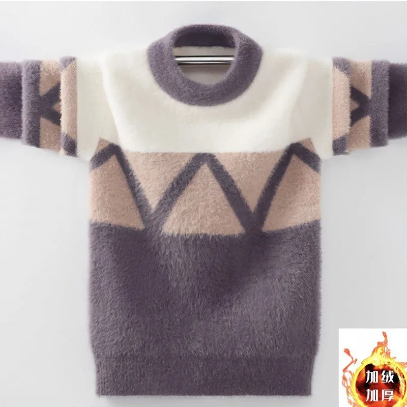 Boys sweater fleece thickened autumn and winter sweater medium and older children pullover round neck Korean version knitted sweater boys top
