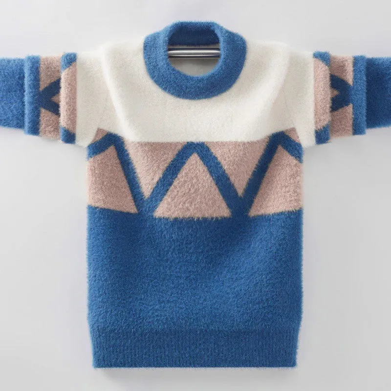 Boys sweater fleece thickened autumn and winter sweater medium and older children pullover round neck Korean version knitted sweater boys top
