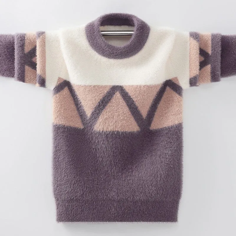 Boys sweater fleece thickened autumn and winter sweater medium and older children pullover round neck Korean version knitted sweater boys top
