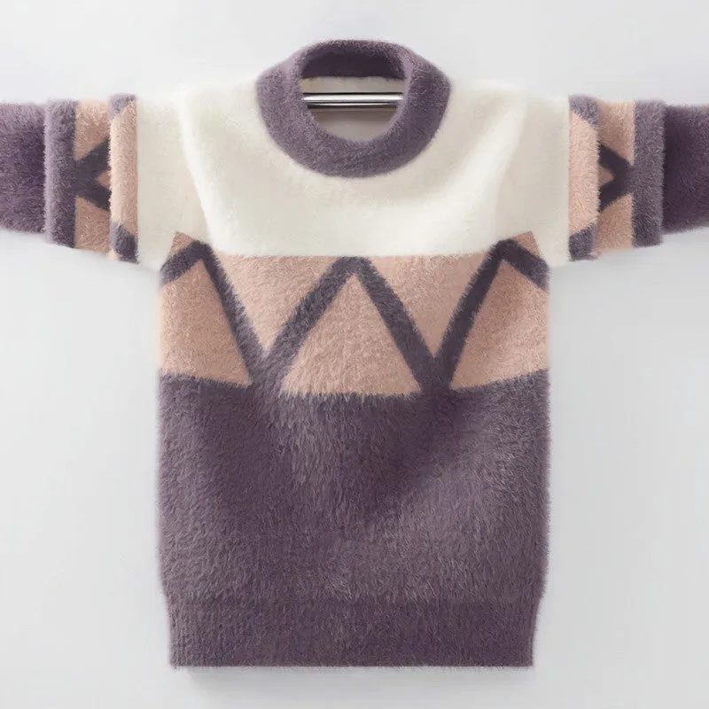 Boys sweater fleece thickened autumn and winter sweater medium and older children pullover round neck Korean version knitted sweater boys top