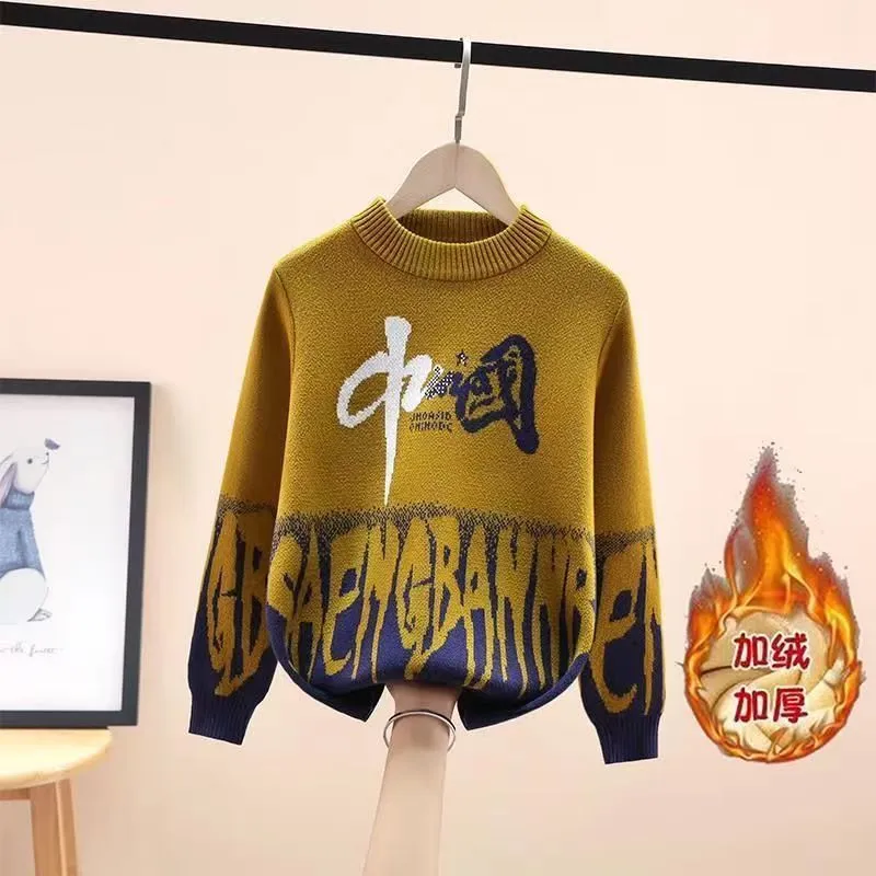 Boys sweater new 2025 children's sweater knitted sweater medium and old children's foreign style Korean version velvet thickened autumn and winter clothing