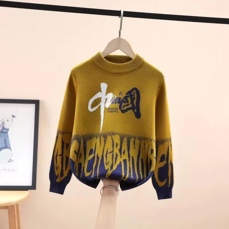 Boys sweater new 2025 children's sweater knitted sweater medium and old children's foreign style Korean version velvet thickened autumn and winter clothing