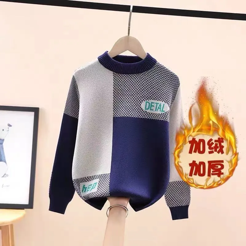 Boys sweater new 2025 children's sweater knitted sweater medium and old children's foreign style Korean version velvet thickened autumn and winter clothing