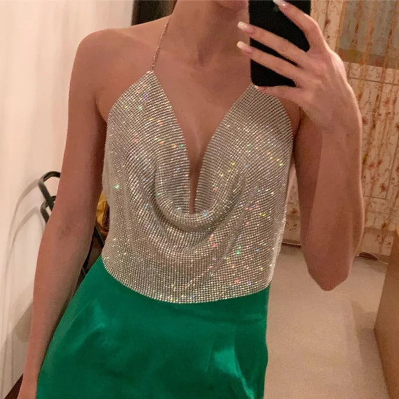 Brilliant Rhinestone Backless Party Crop Top