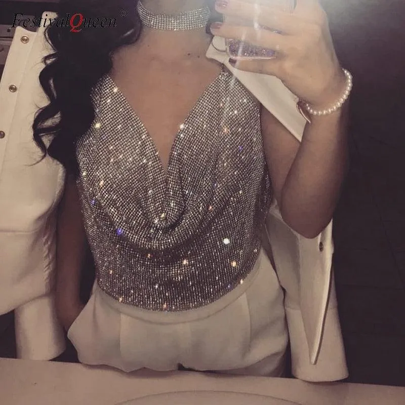 Brilliant Rhinestone Backless Party Crop Top
