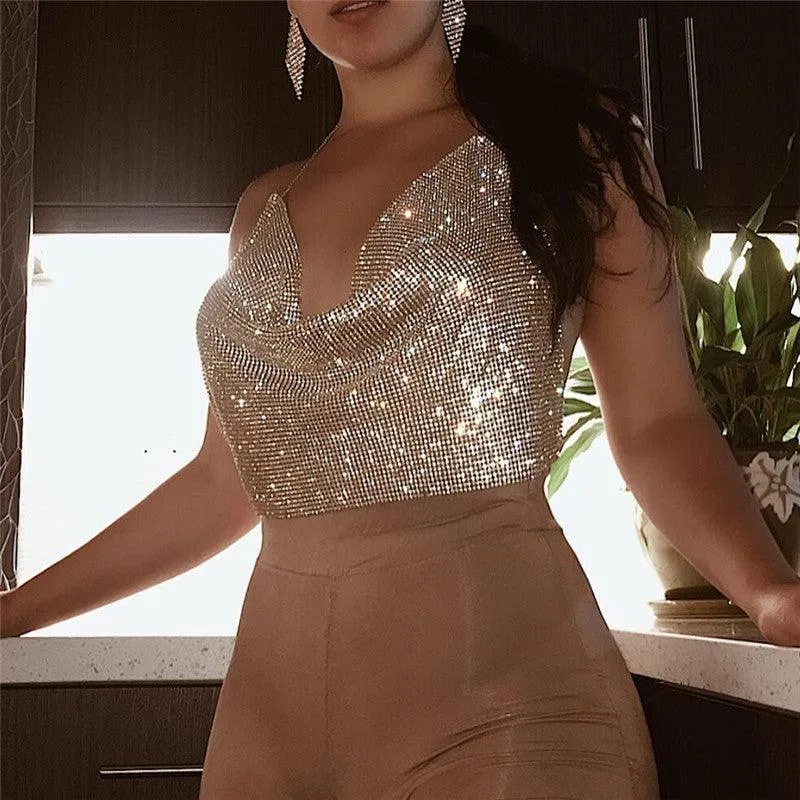 Brilliant Rhinestone Backless Party Crop Top