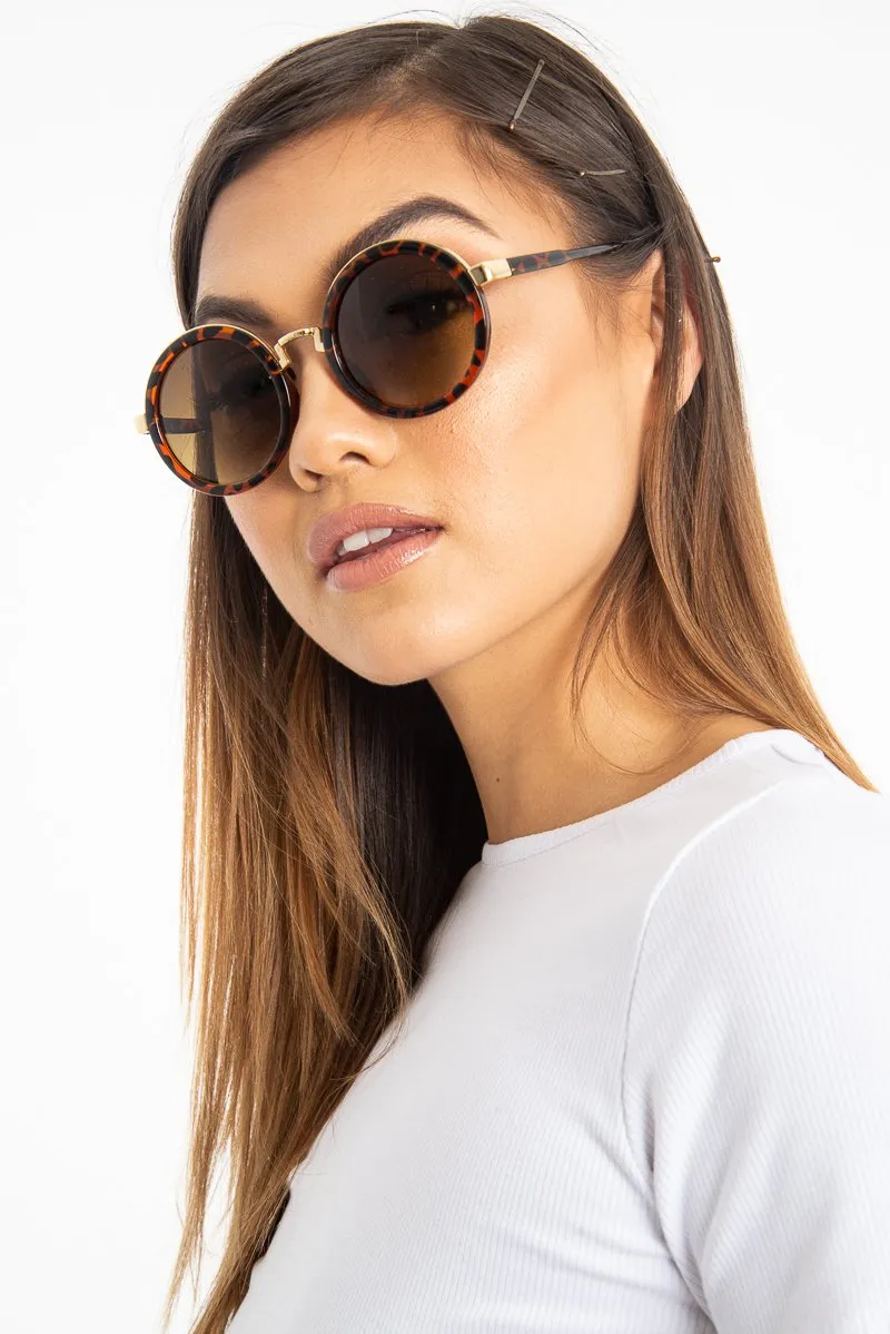Brown Leopard Gold Detail Round Frame Sunglasses - Ryen