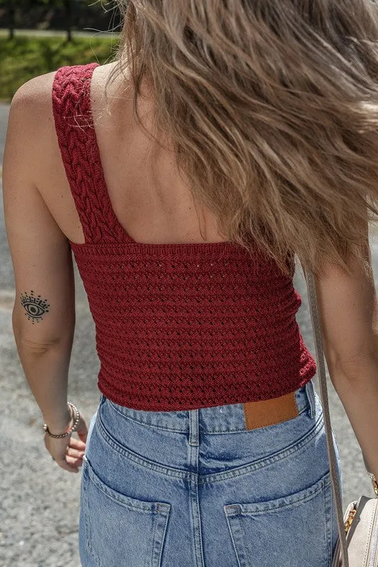 Burgundy Cable Knit Pointelle Slim Sweater Vest