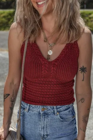 Burgundy Cable Knit Pointelle Slim Sweater Vest
