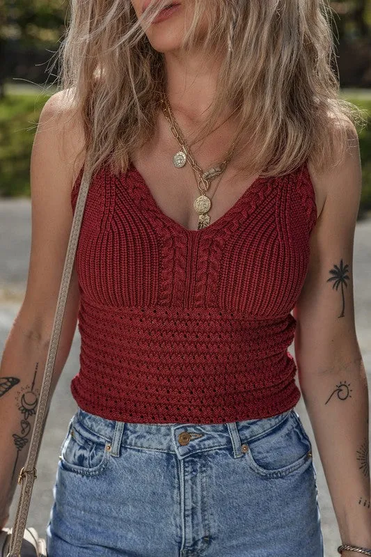 Burgundy Cable Knit Pointelle Slim Sweater Vest