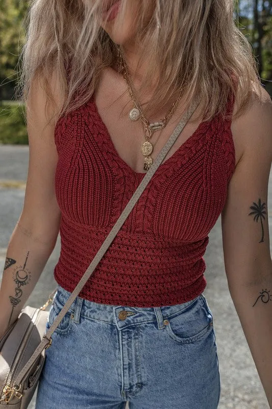 Burgundy Cable Knit Pointelle Slim Sweater Vest