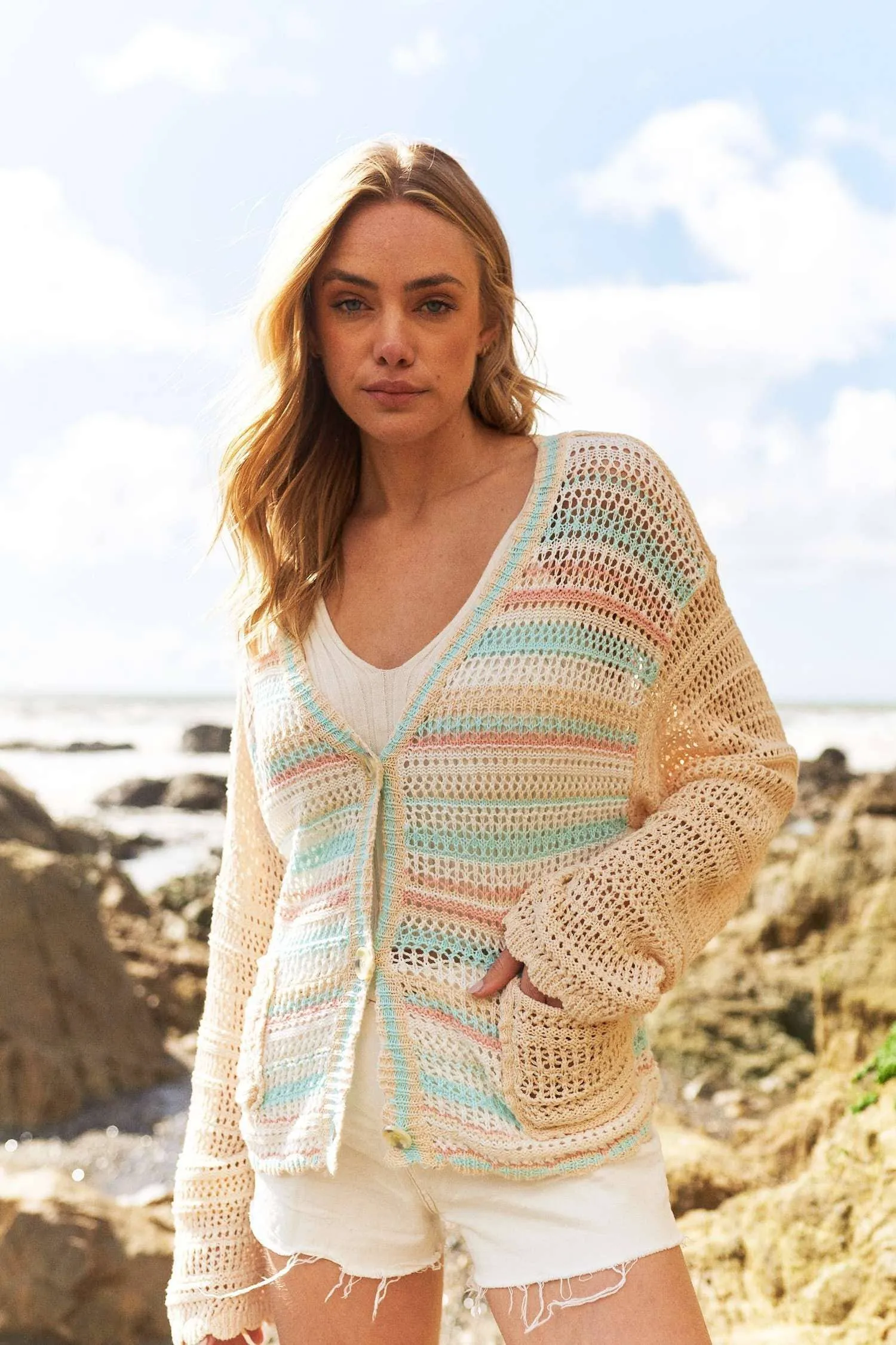 Button Down Multi Stripe Crochet Cardigan