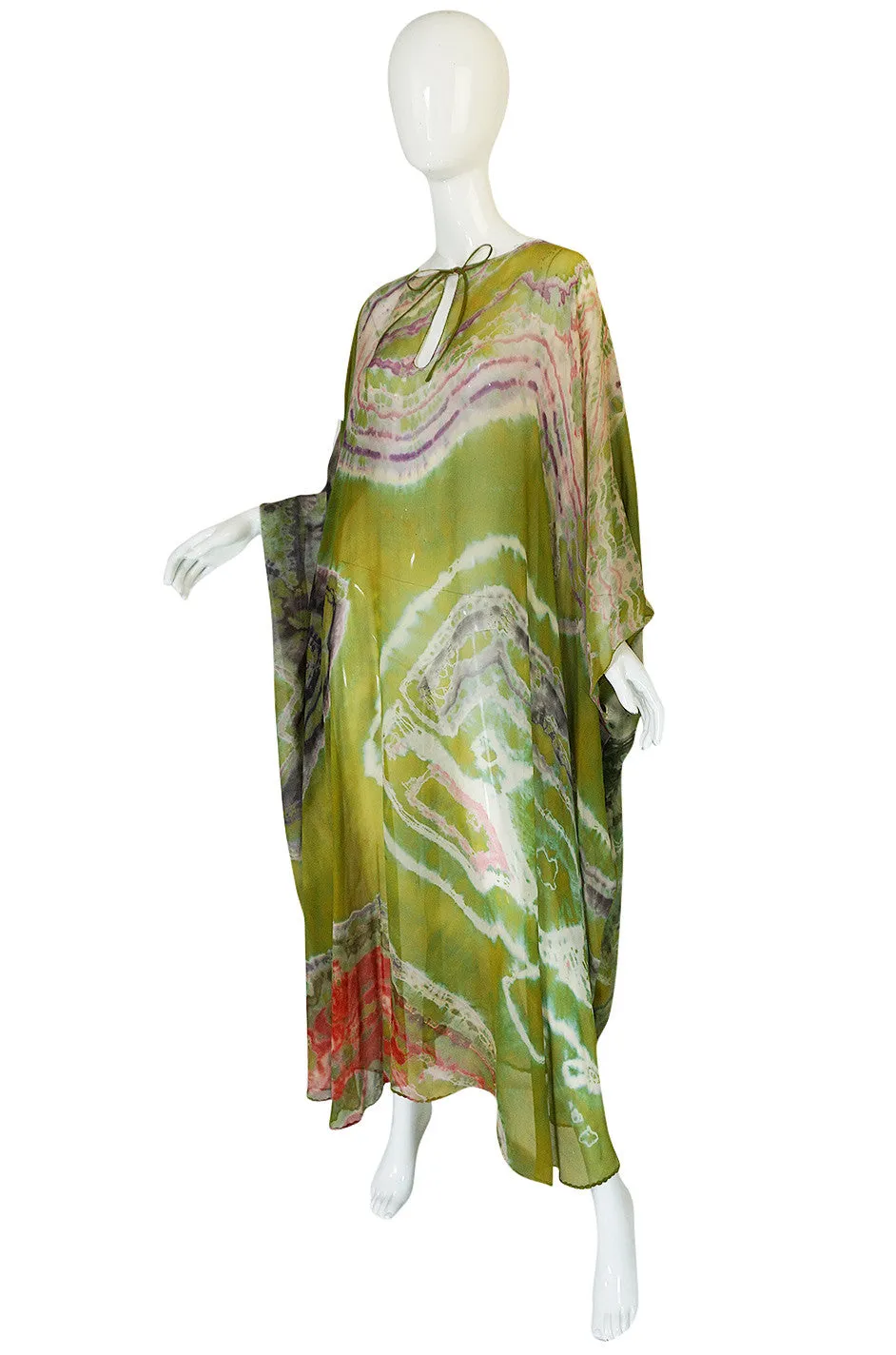 c1972 Potential Halston Silk Chiffon Tie Dye Caftan Dress