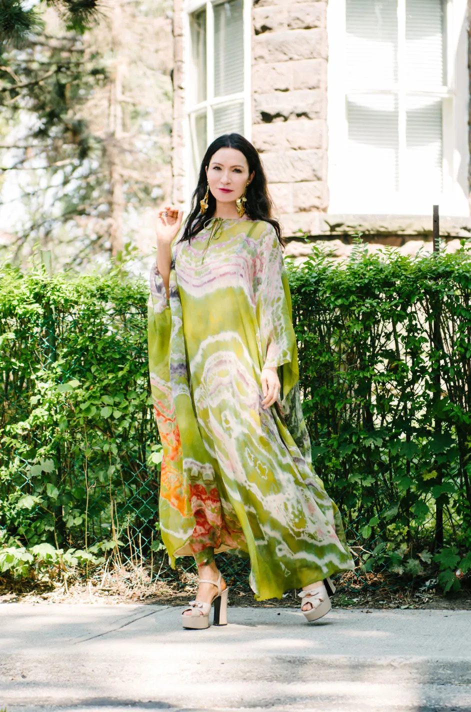 c1972 Potential Halston Silk Chiffon Tie Dye Caftan Dress