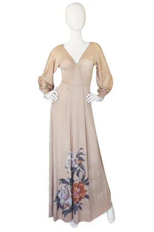 c.1976 Mac Tac Floral Printed Nylon Jersey Dress w Balloon Sleeves