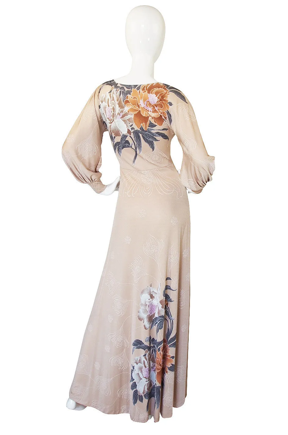 c.1976 Mac Tac Floral Printed Nylon Jersey Dress w Balloon Sleeves