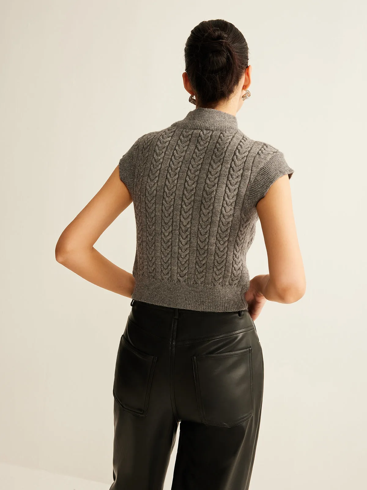 Cable-Knit Mock Neck Crop Sweater Vest