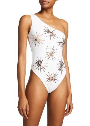 Callie One Shoulder Hand Embroidered swimsuit White