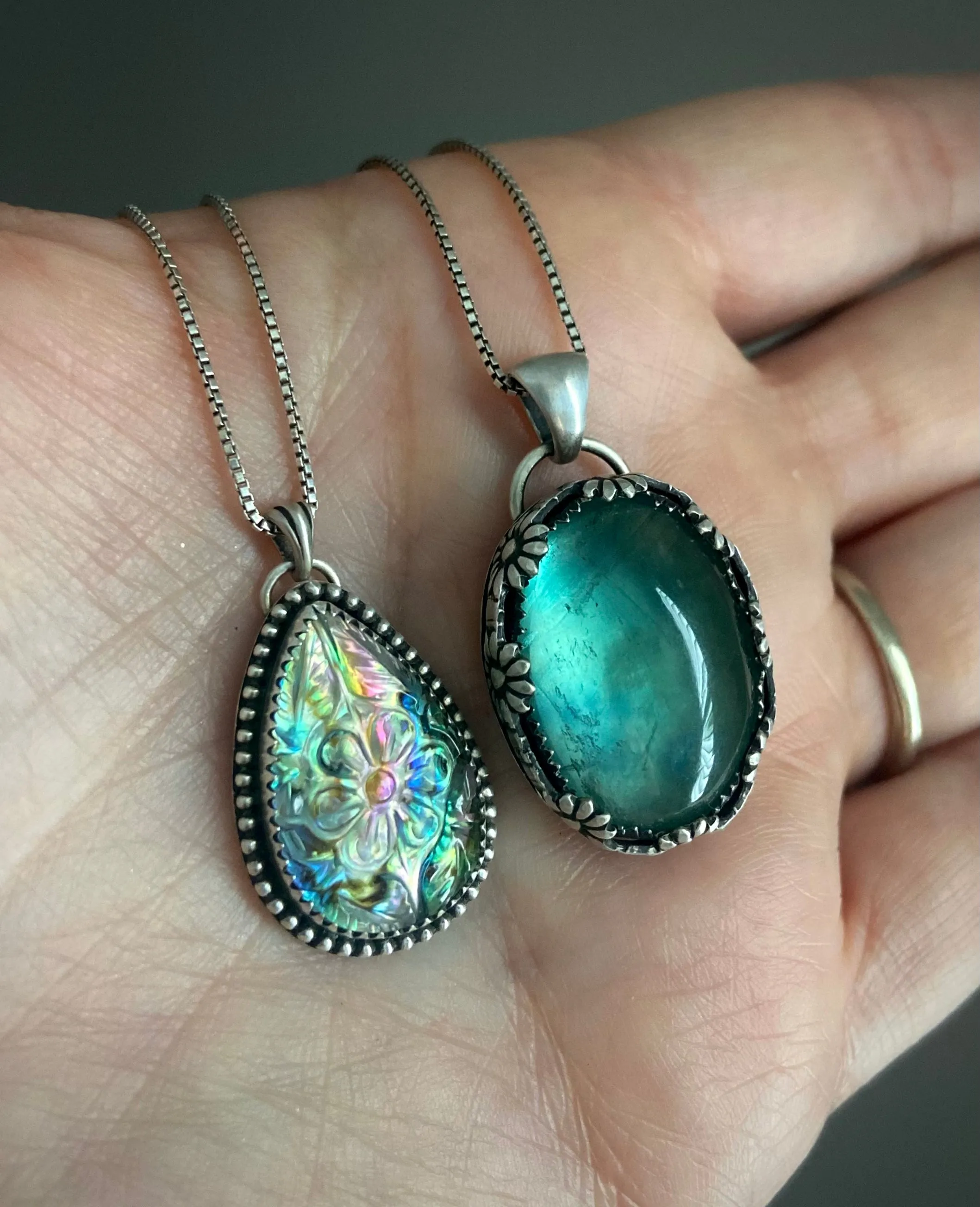 Carved Abalone & Quartz Flower Pendant