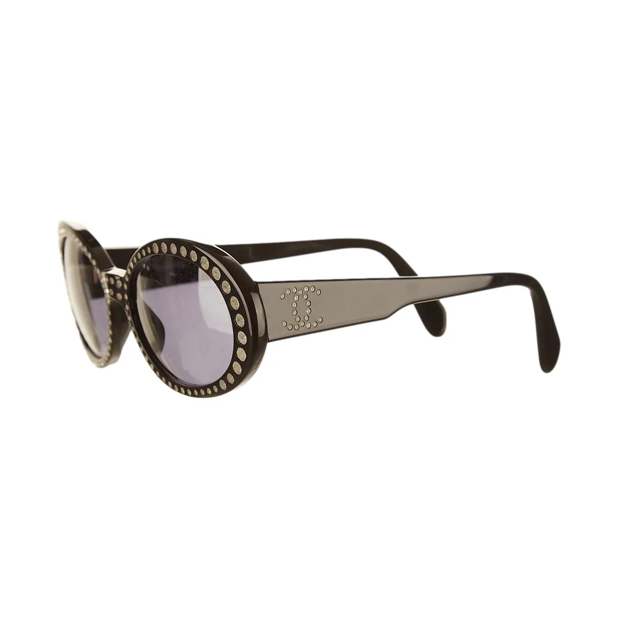 Chanel Black Round Rhinestone Logo Sunglasses