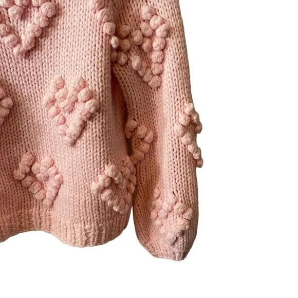 Chaser Chunky Knit Pompom Popcorn Pink Hearts Sweater Bishop Sleeves Size XS