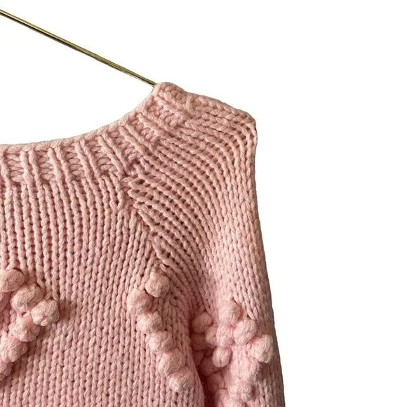 Chaser Chunky Knit Pompom Popcorn Pink Hearts Sweater Bishop Sleeves Size XS