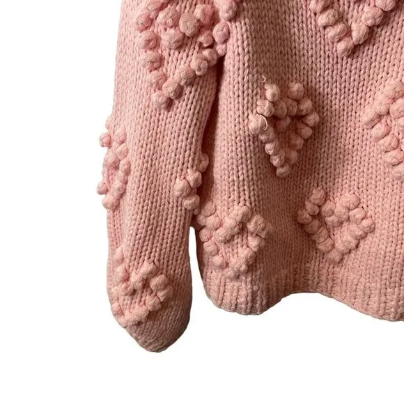 Chaser Chunky Knit Pompom Popcorn Pink Hearts Sweater Bishop Sleeves Size XS
