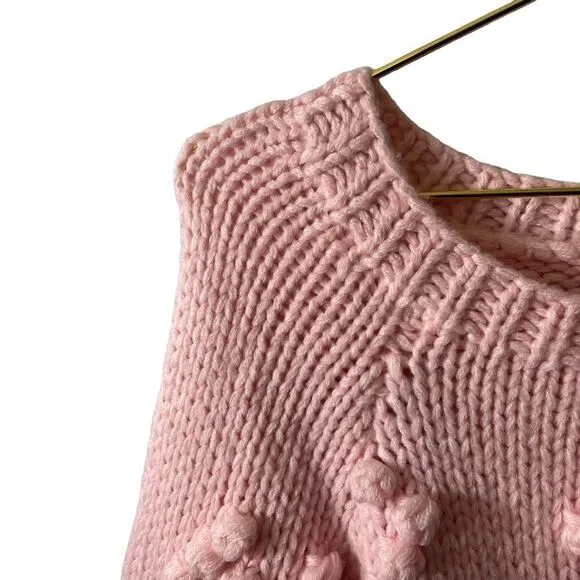 Chaser Chunky Knit Pompom Popcorn Pink Hearts Sweater Bishop Sleeves Size XS