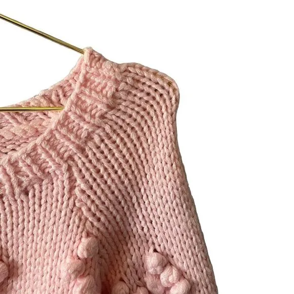 Chaser Chunky Knit Pompom Popcorn Pink Hearts Sweater Bishop Sleeves Size XS