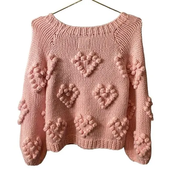 Chaser Chunky Knit Pompom Popcorn Pink Hearts Sweater Bishop Sleeves Size XS