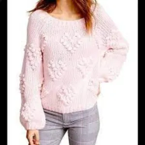 Chaser Chunky Knit Pompom Popcorn Pink Hearts Sweater Bishop Sleeves Size XS