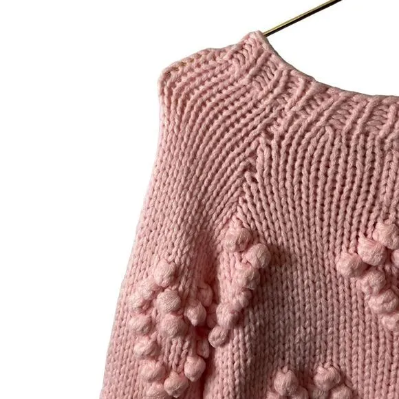 Chaser Chunky Knit Pompom Popcorn Pink Hearts Sweater Bishop Sleeves Size XS