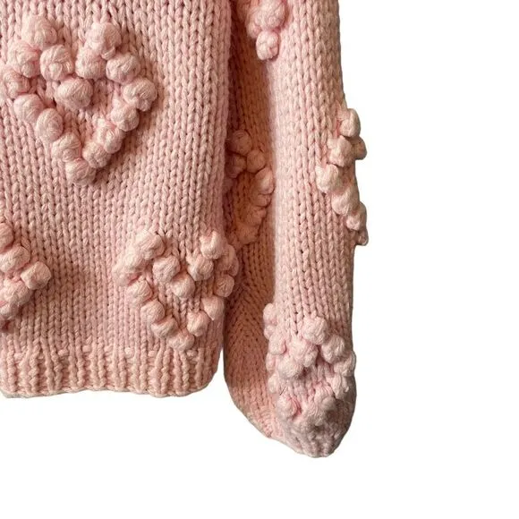 Chaser Chunky Knit Pompom Popcorn Pink Hearts Sweater Bishop Sleeves Size XS