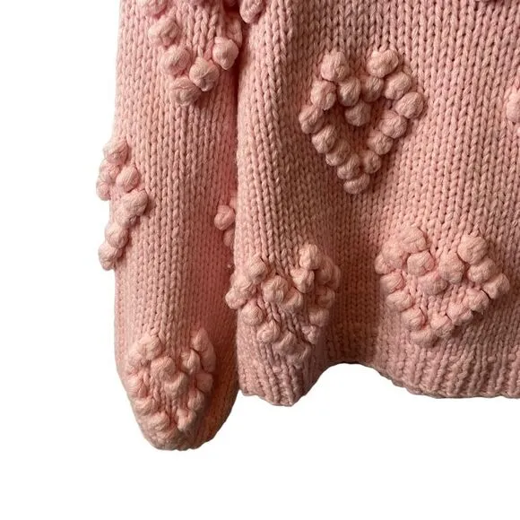 Chaser Chunky Knit Pompom Popcorn Pink Hearts Sweater Bishop Sleeves Size XS