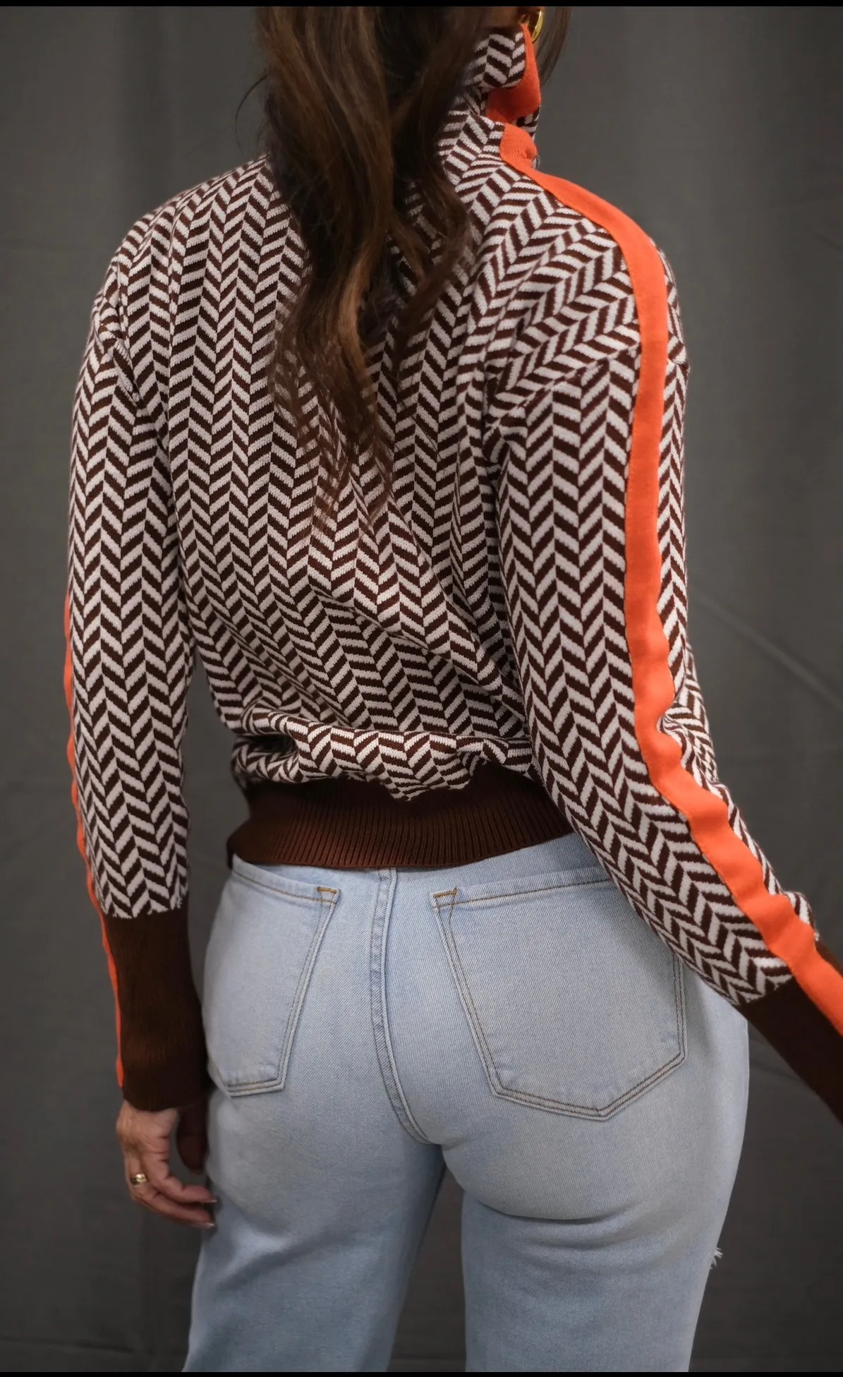 Chevvy Brown Chevron Knit Sweater with Orange Stripe