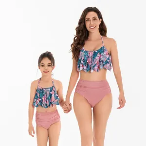 Chic Floral Ruffle One-Shoulder Swimsuit for Women and Girls  Elegant Asymmetrical Swimwear Set in Vibrant Tropics Print