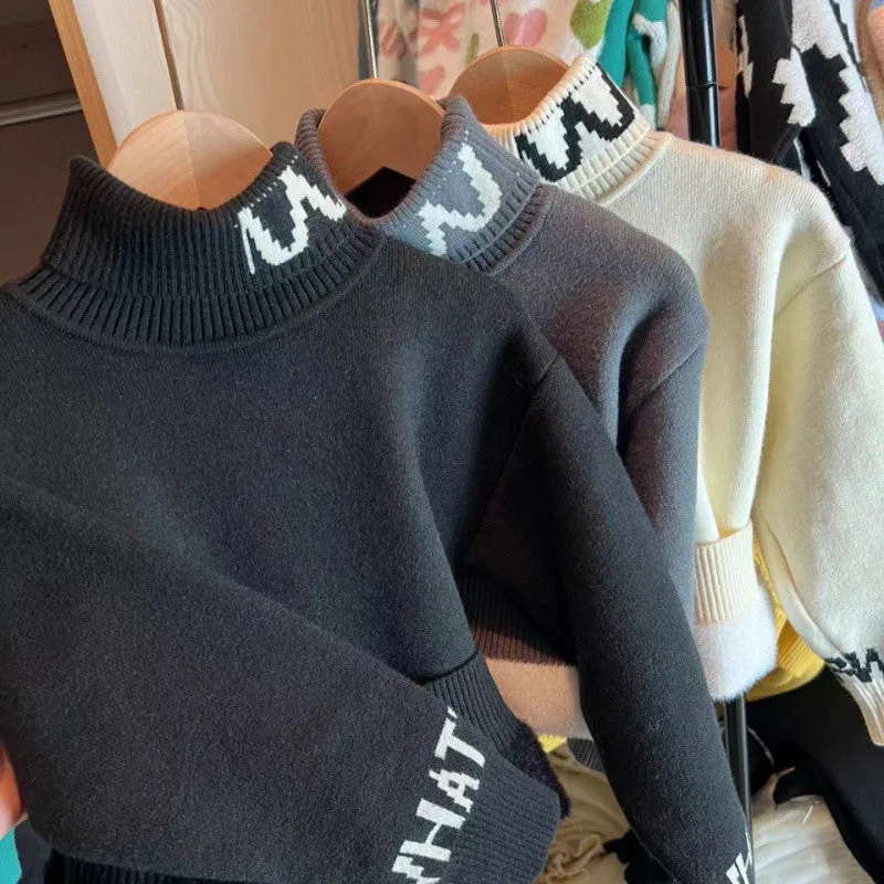 Children's sweater Boys high-necked autumn and winter fleece thickened winter base Korean version solid color medium and older children's knitted integrated fleece