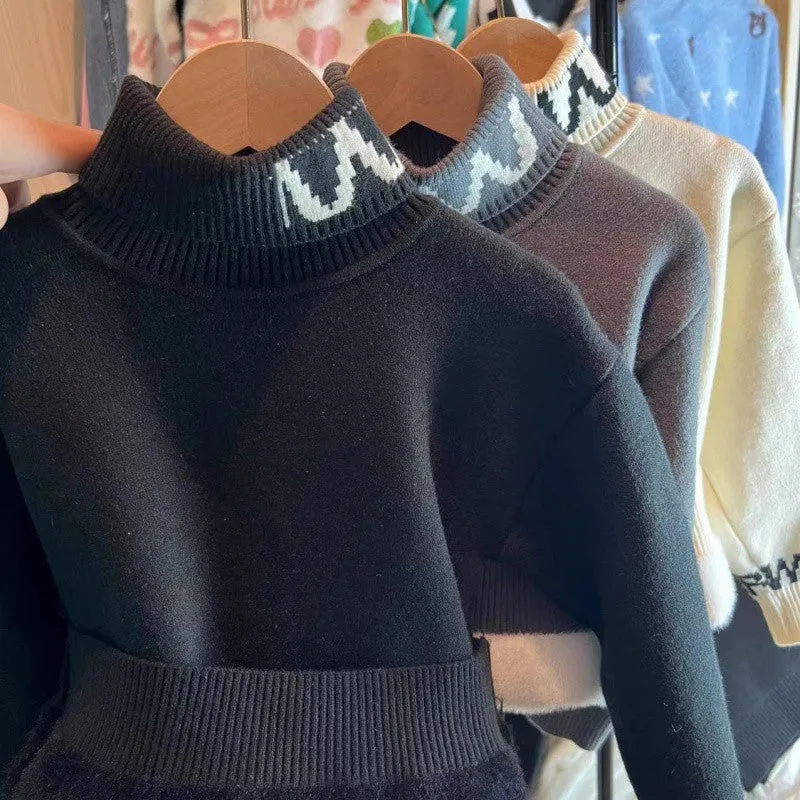 Children's sweater Boys high-necked autumn and winter fleece thickened winter base Korean version solid color medium and older children's knitted integrated fleece