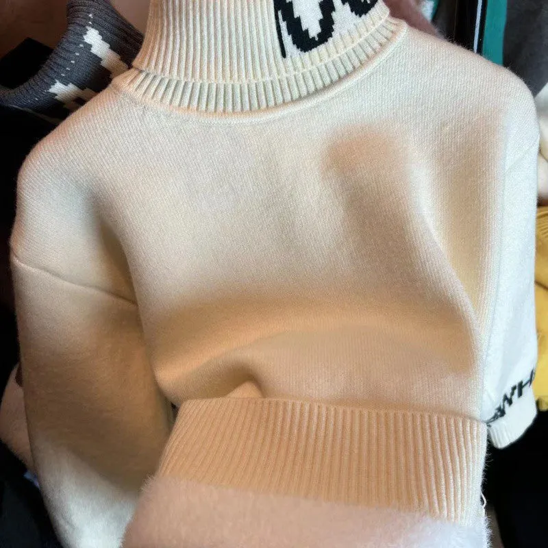 Children's sweater Boys high-necked autumn and winter fleece thickened winter base Korean version solid color medium and older children's knitted integrated fleece
