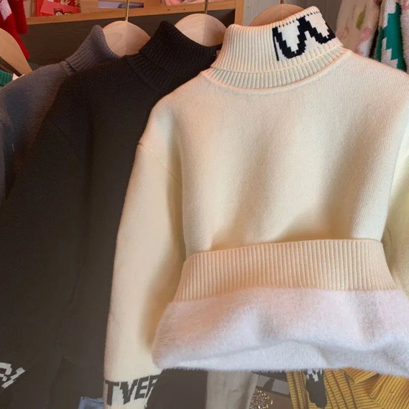 Children's sweater Boys high-necked autumn and winter fleece thickened winter base Korean version solid color medium and older children's knitted integrated fleece