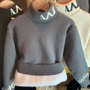 Children's sweater Boys high-necked autumn and winter fleece thickened winter base Korean version solid color medium and older children's knitted integrated fleece