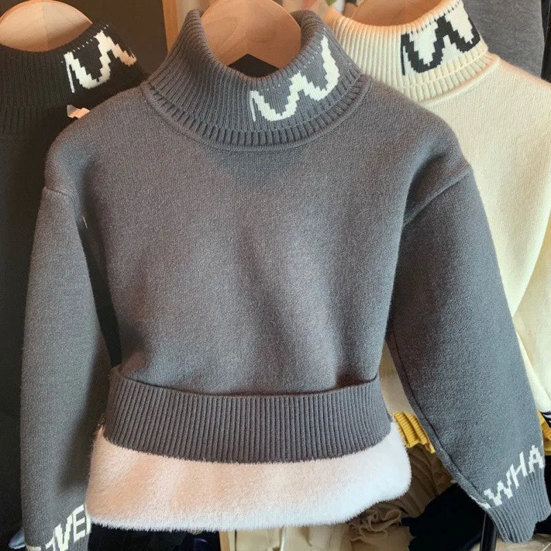 Children's sweater Boys high-necked autumn and winter fleece thickened winter base Korean version solid color medium and older children's knitted integrated fleece
