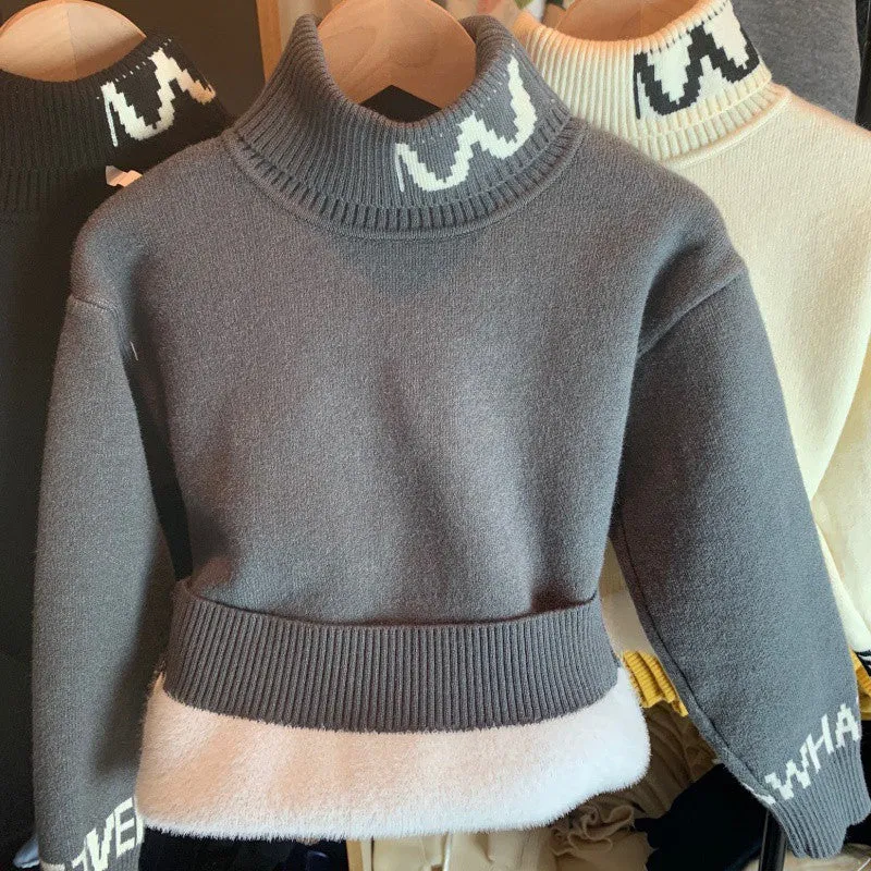 Children's sweater Boys high-necked autumn and winter fleece thickened winter base Korean version solid color medium and older children's knitted integrated fleece